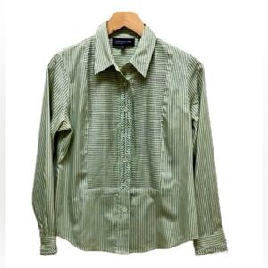 Jones New York Studio Petite green tuxedo front button down pinstripe Twee shirt